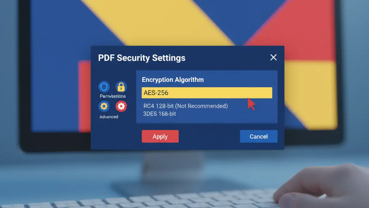 pdf encryption algorithms - A software interface showing the selection of AES-256 encryption for a new PDF document.