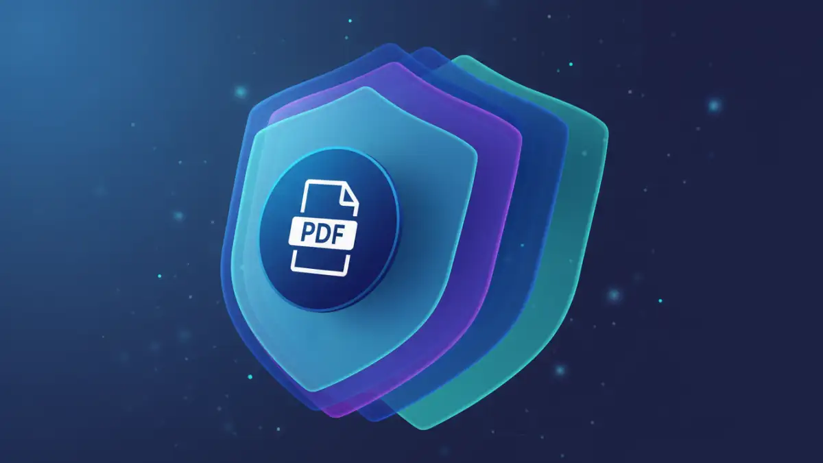 pdf encryption levels An abstract image showing multiple layers of digital security protecting a PDF document, representing different pdf encryption levels.