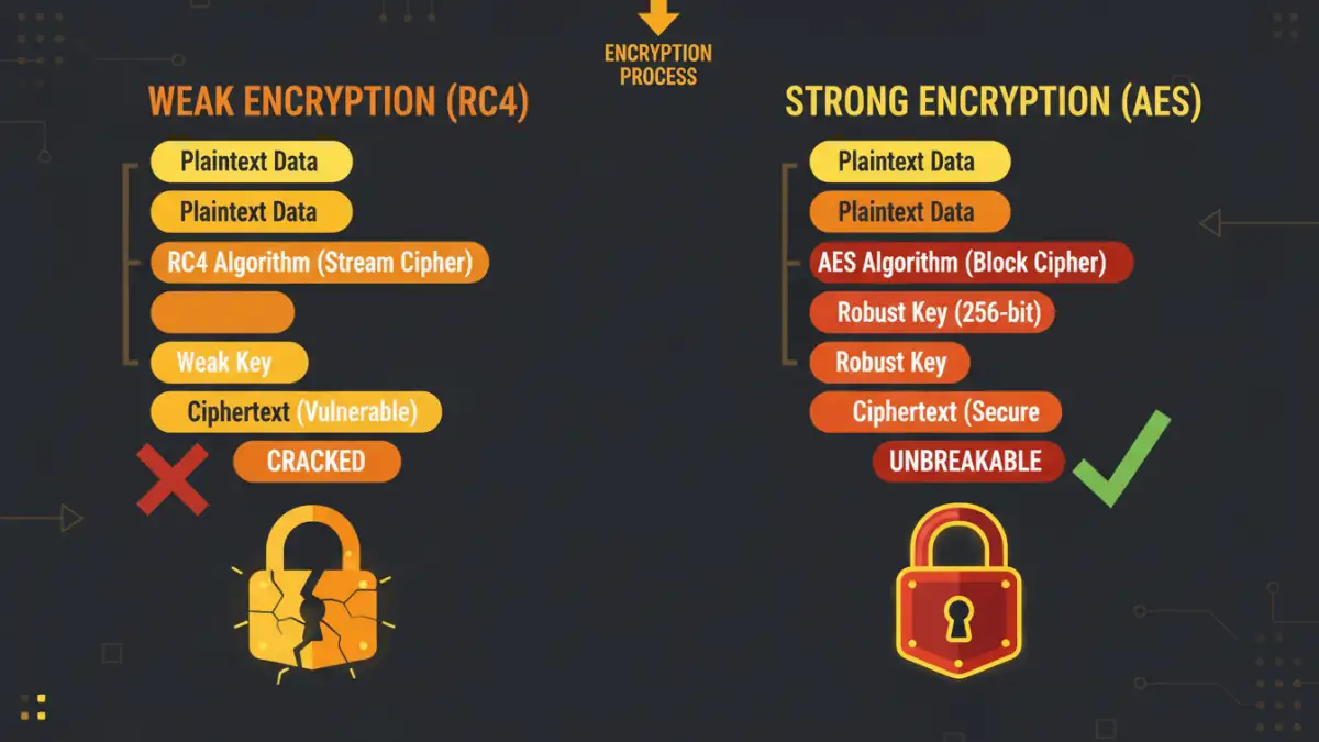 pdf encryption levels pdf encryption levels - Infographic comparing weak RC4 encryption to strong AES document encryption standards.