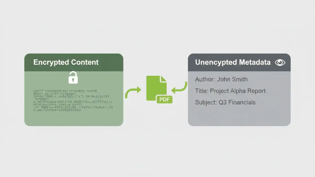 pdf encryption metadata - Infographic comparing encrypted content versus unencrypted metadata in a PDF file.