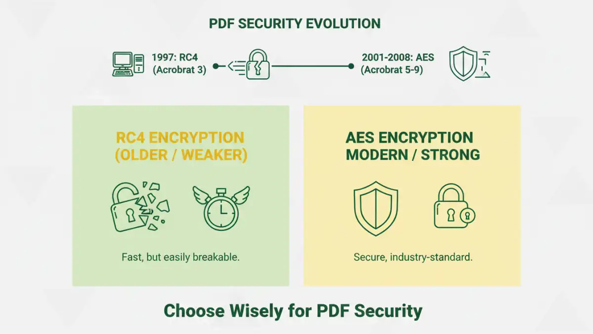 pdf encryption protocols - Infographic detailing the evolution and differences in PDF encryption standards