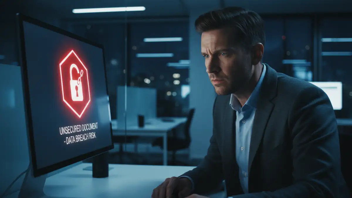 PDF encryption use PDF encryption use - An employee looking at an unsecured sensitive document on a computer