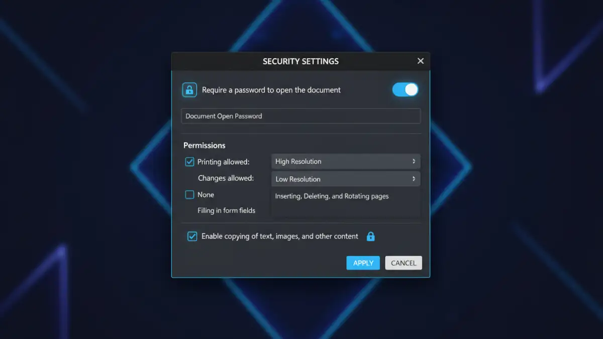 pdf encryption user permissions pdf encryption user permissions - Screenshot of PDF software showing security settings for encryption and permissions