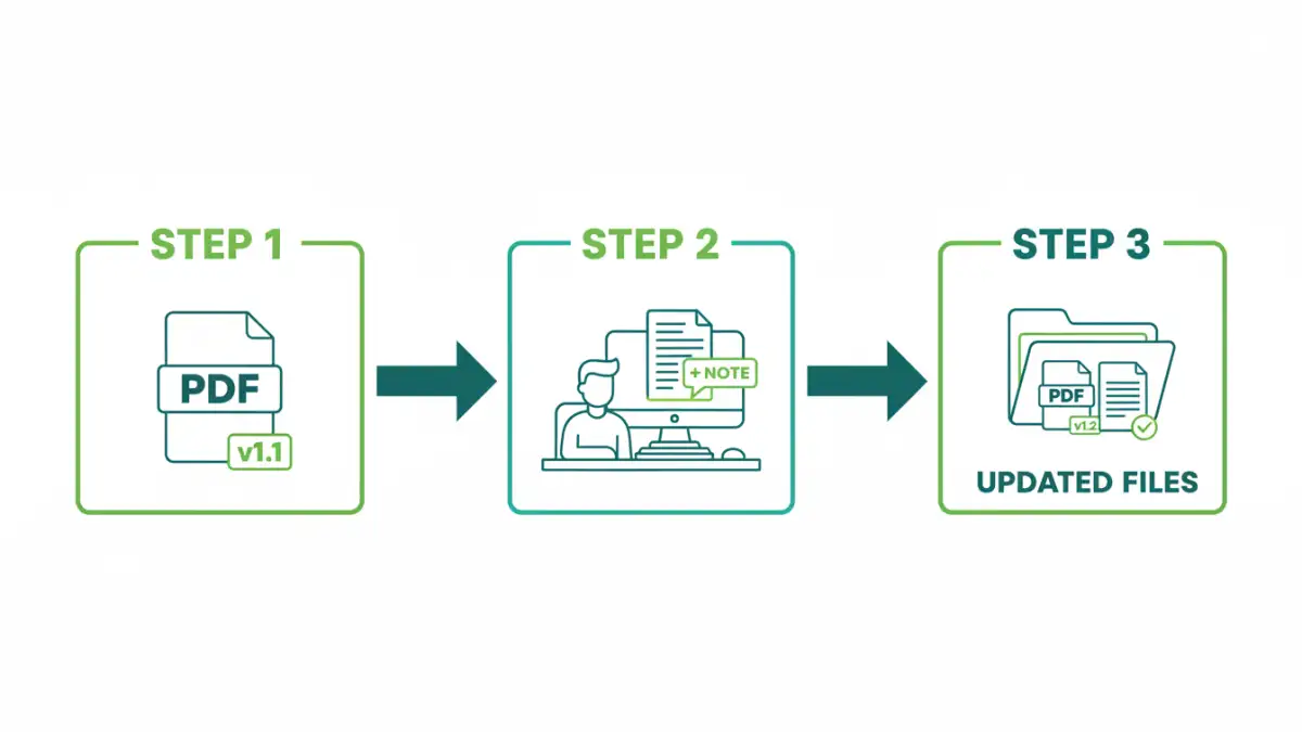 pdf file version control - Infographic illustrating the three steps to manage encrypted PDF versions: name the file, update the changelog, and store together.