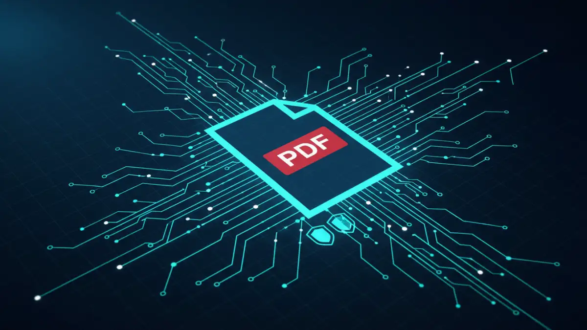 pdf metadata properties A digital representation of PDF metadata properties flowing from a document for secure tracking.
