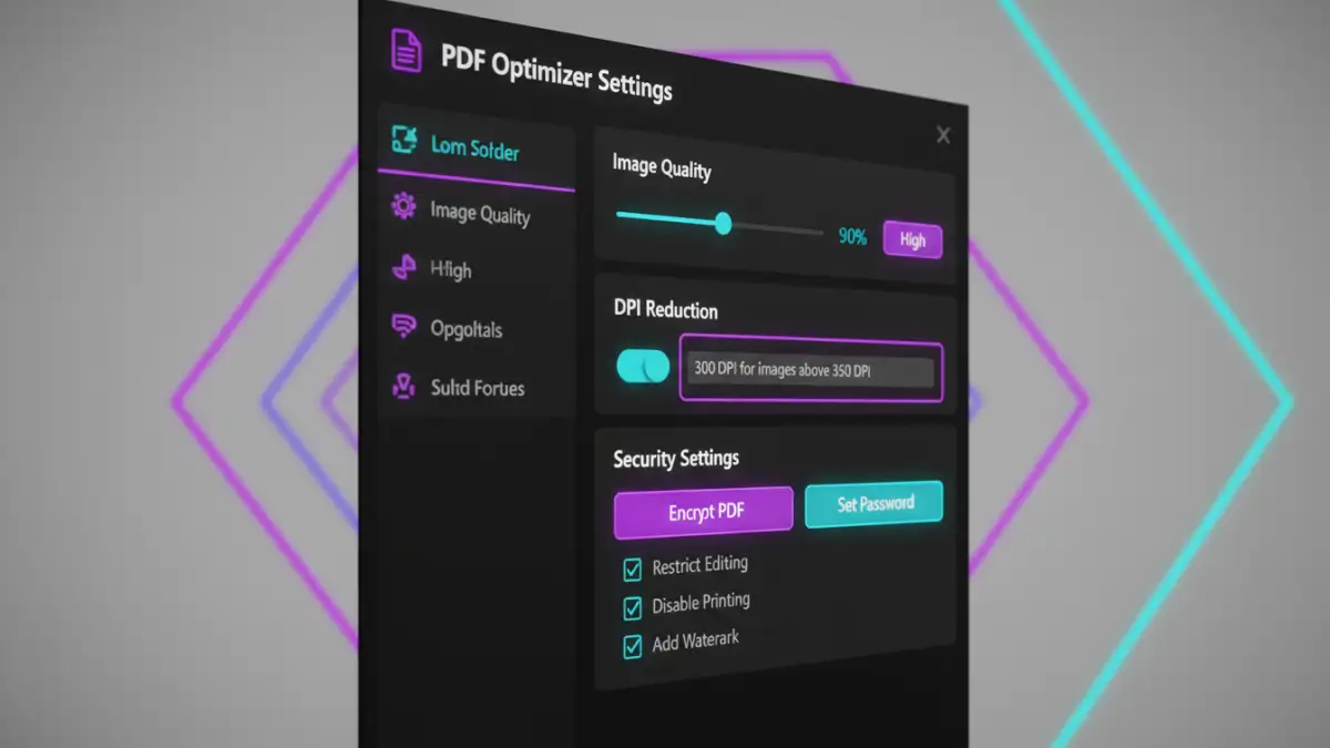 pdf optimization balance - Screenshot of PDF optimization software interface with settings for image quality, DPI, and security.