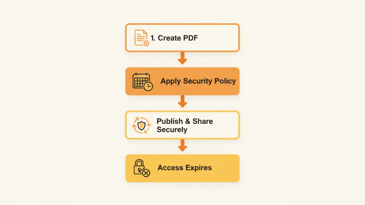 pdf password expiration tool - Infographic showing the process of applying an expiration policy to a PDF document.