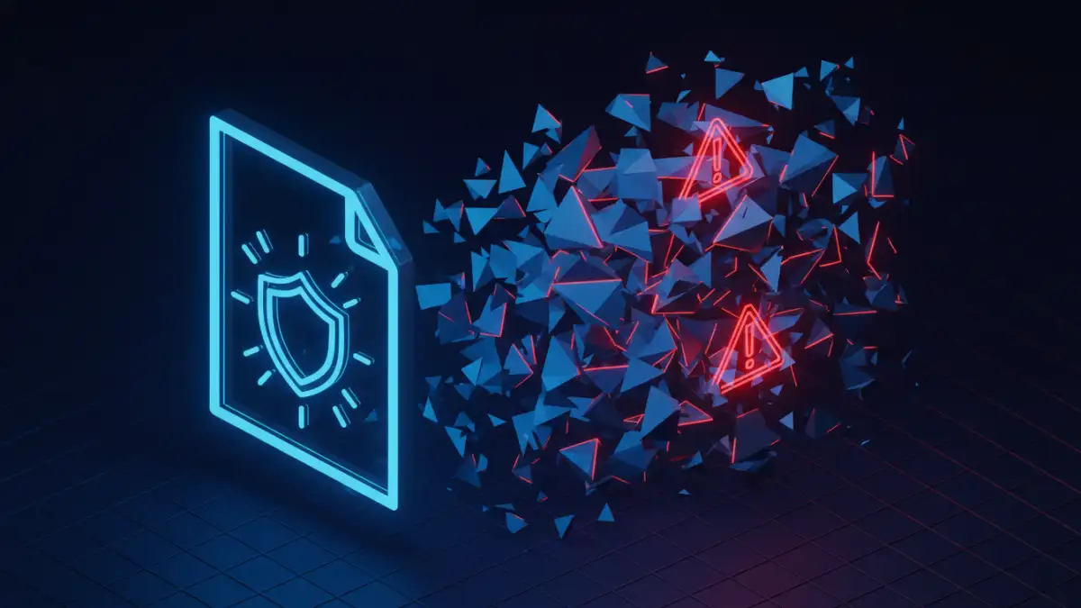 pdf password security risks A visual depiction of PDF password security risks, showing a secure document becoming fragmented.