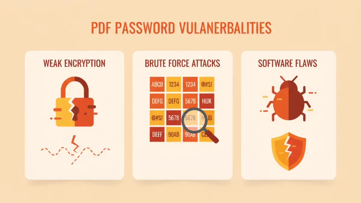 pdf password vulnerabilities Infographic explaining common PDF password vulnerabilities and exploitation methods
