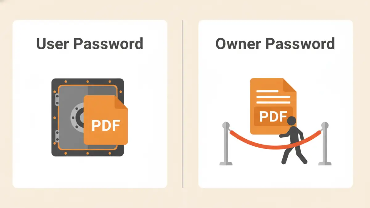 pdf permission passwords - An infographic comparing the security of a PDF user password versus an owner password.