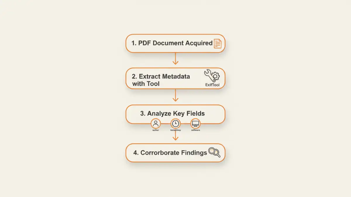 pdf properties forensics - Infographic flowchart explaining the steps to analyze PDF metadata for forensics.