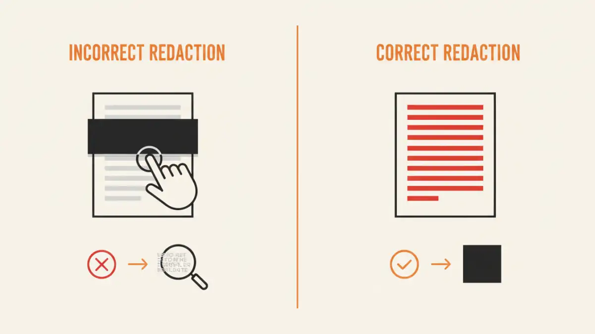 pdf redaction tools pdf redaction tools - Infographic comparing incorrect redaction (covering text) with correct redaction (removing text).