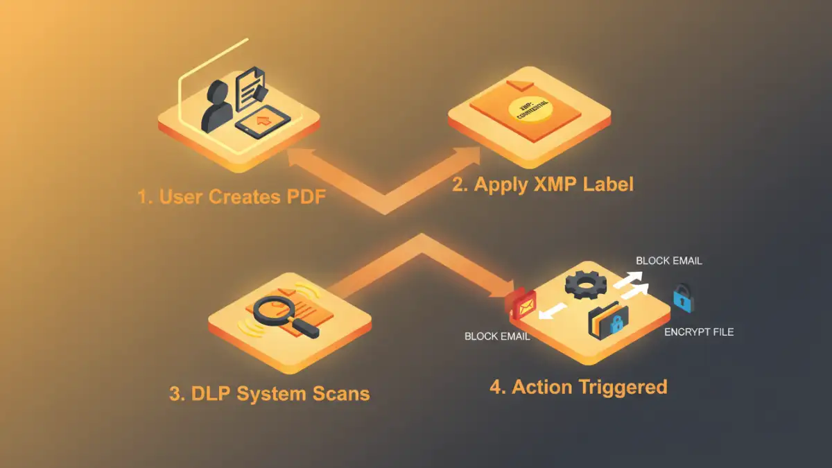 pdf security labeling Infographic showing the workflow of automated PDF security labeling with XMP.