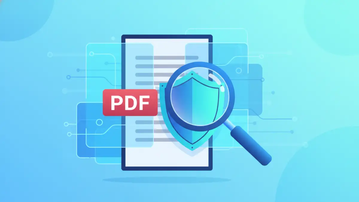 Illustration of PDF security risk assessment with shield and magnifying glass