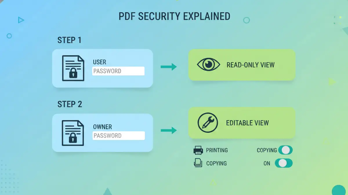 pdf security settings - Infographic explaining the difference between owner vs user password for PDFs.