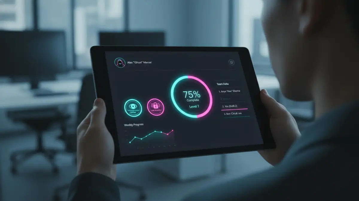 pdf security training - A tablet screen showing a gamified security awareness training dashboard.