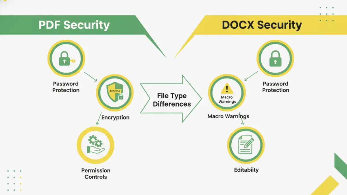 pdf vs docx security pdf vs docx security - Infographic detailing security features of PDF and DOCX formats