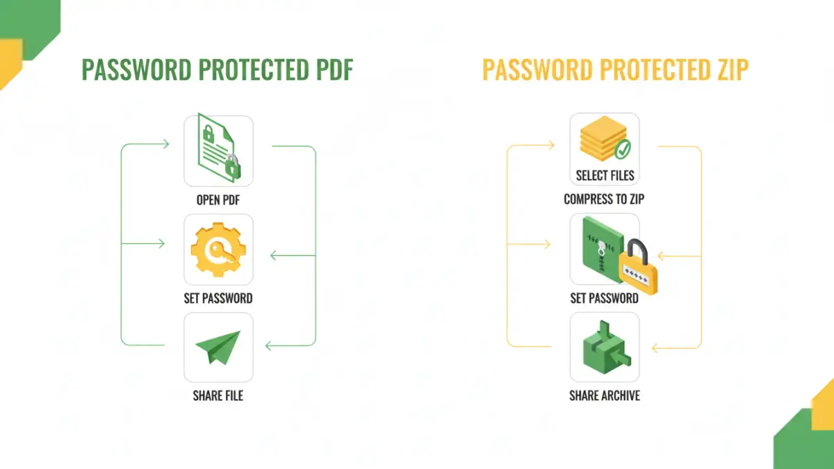 pdf vs zip password - Infographic showing how to password protect PDFs and Zip files