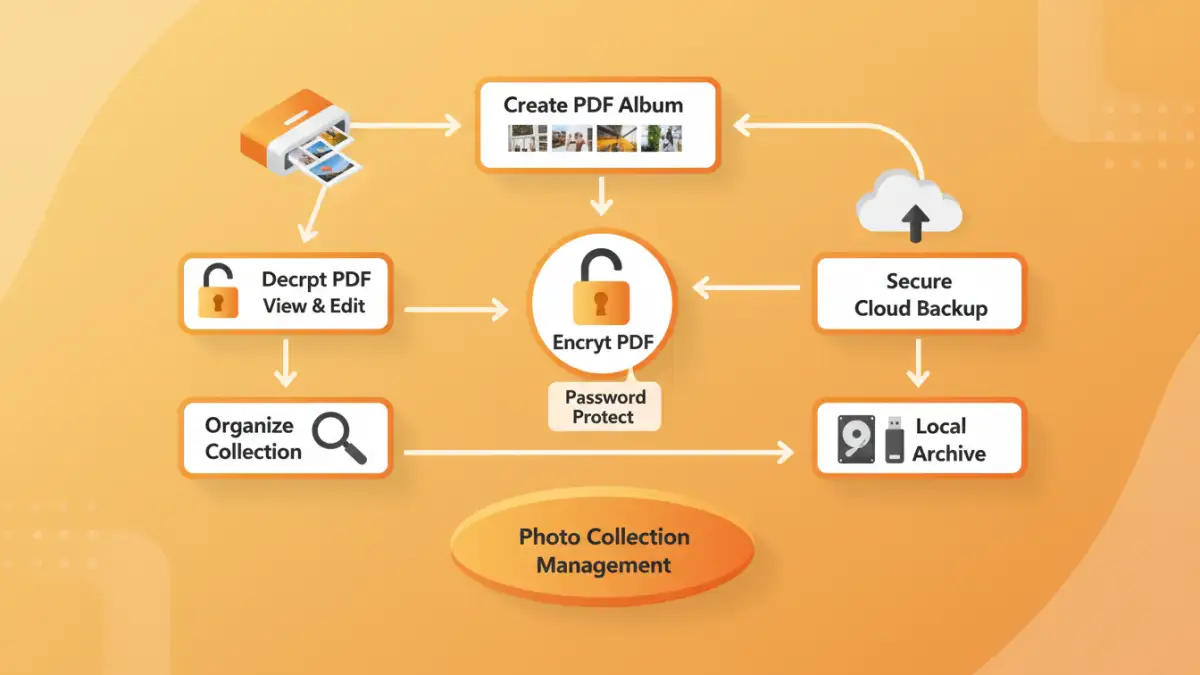 photo collection security - Infographic showing a multi-step process for secure photo collection management and PDF protection