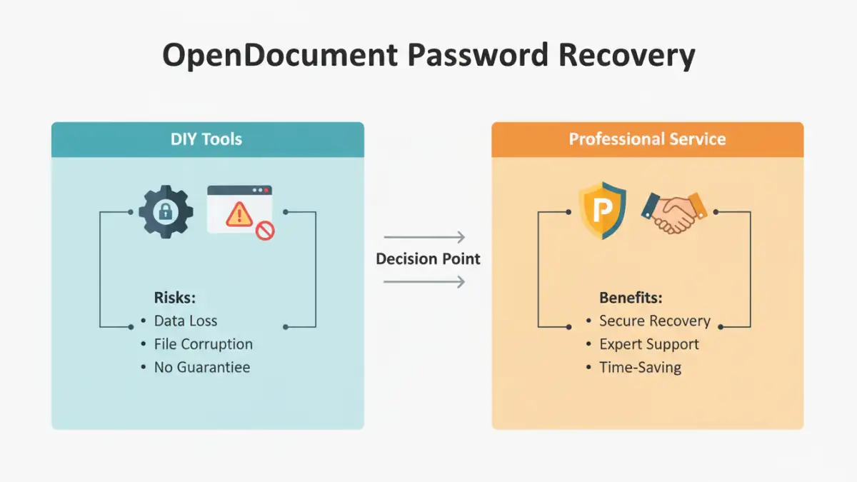 professional open document password - Infographic comparing DIY password recovery risks versus professional service benefits