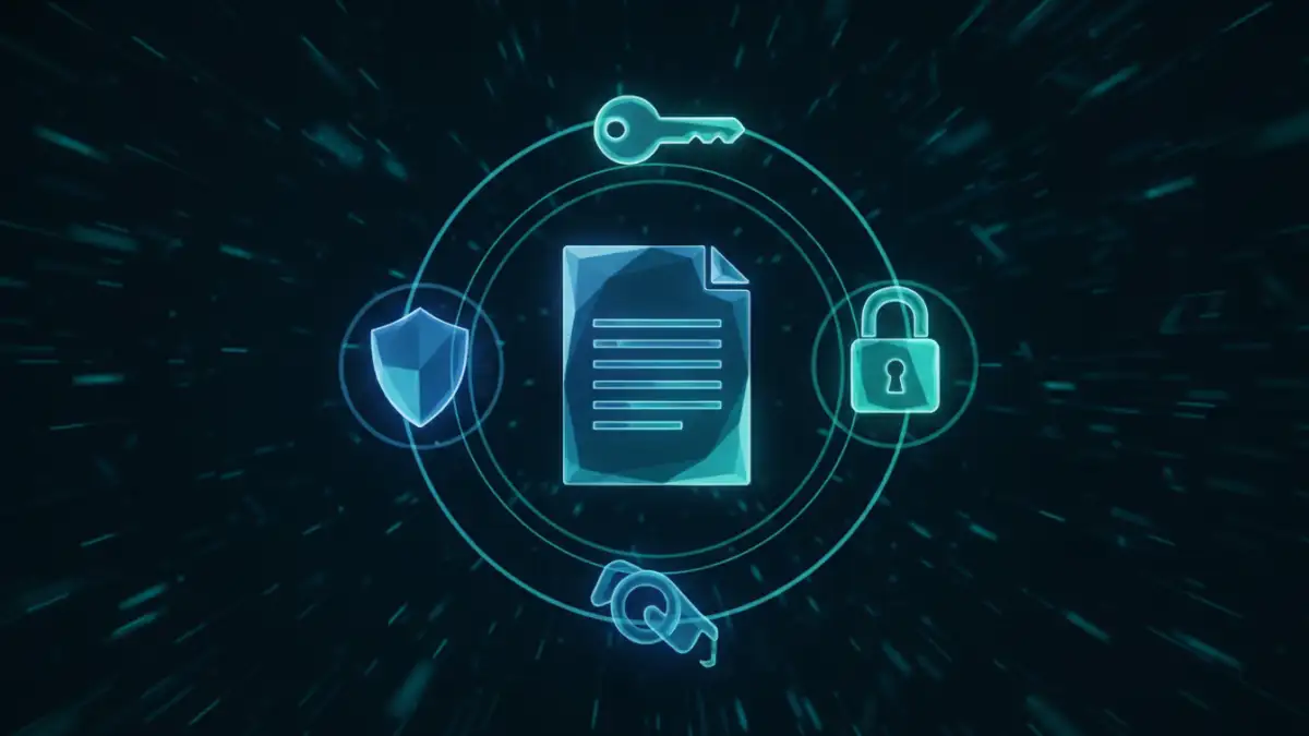 protect sensitive documents - A layered security concept showing a document protected by a shield, padlock, and key.
