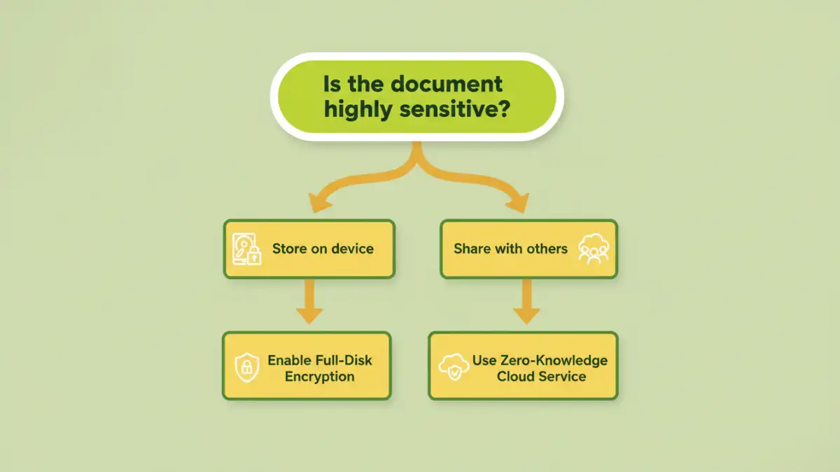 protect sensitive documents - Infographic flowchart showing the decision process for choosing a document security method.