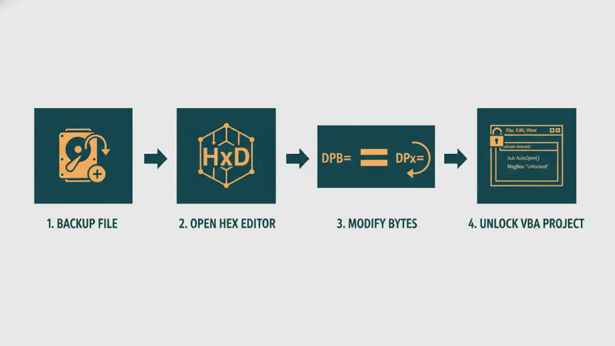 protected vba password - Infographic detailing the steps to unprotect a VBA module.