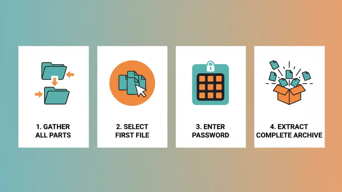 reassemble password protected files - Step-by-step infographic for extracting multi-part password protected archives