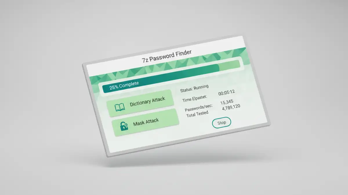recover 7z archive password - Conceptual interface of a 7z password finder tool showing a brute-force attack in progress