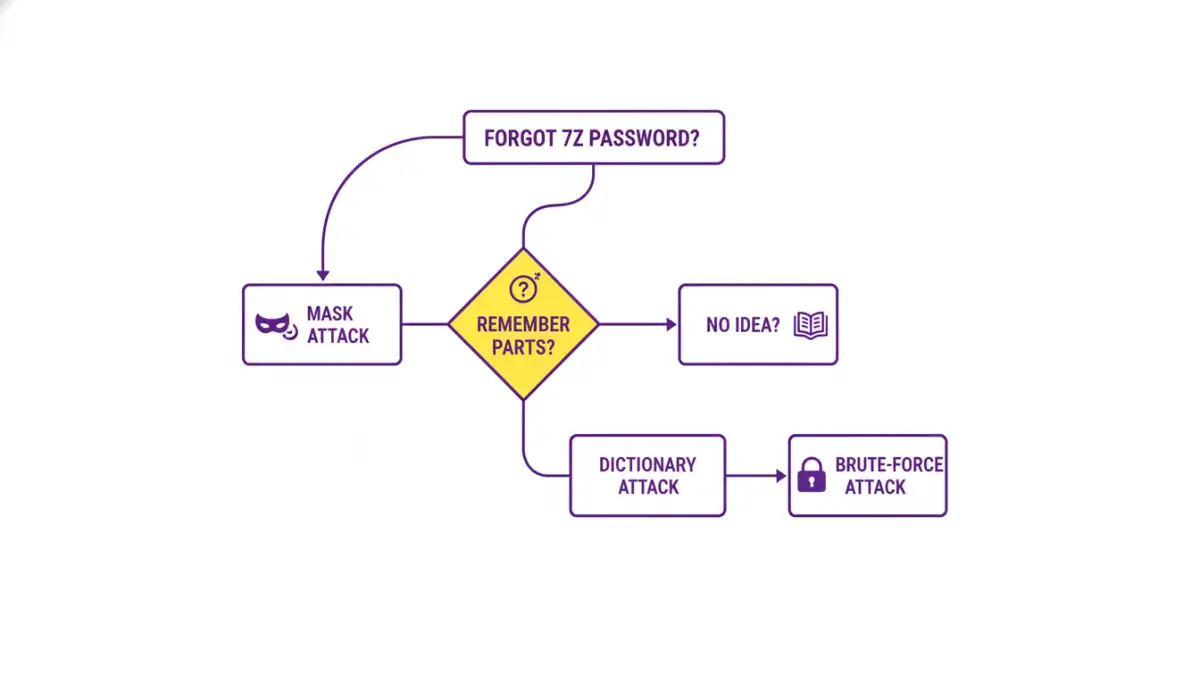 recover 7z archive password - Infographic flowchart explaining the decision process for 7zip password recovery methods