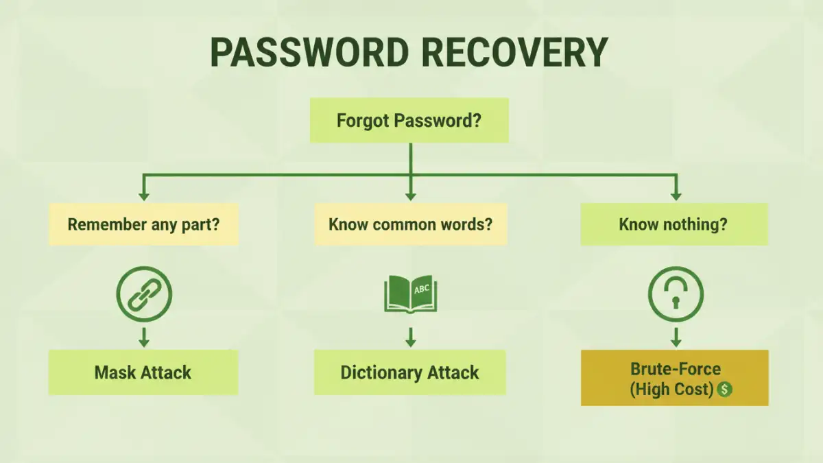 recover encrypted file password recover encrypted file password - A flowchart showing the decision process for choosing a password recovery method like mask or dictionary attacks.