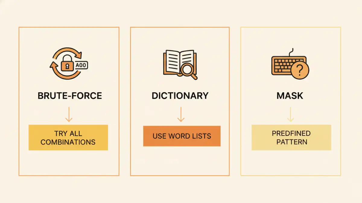 recover lost archive password - Infographic comparing Brute-Force, Dictionary, and Mask password recovery attacks