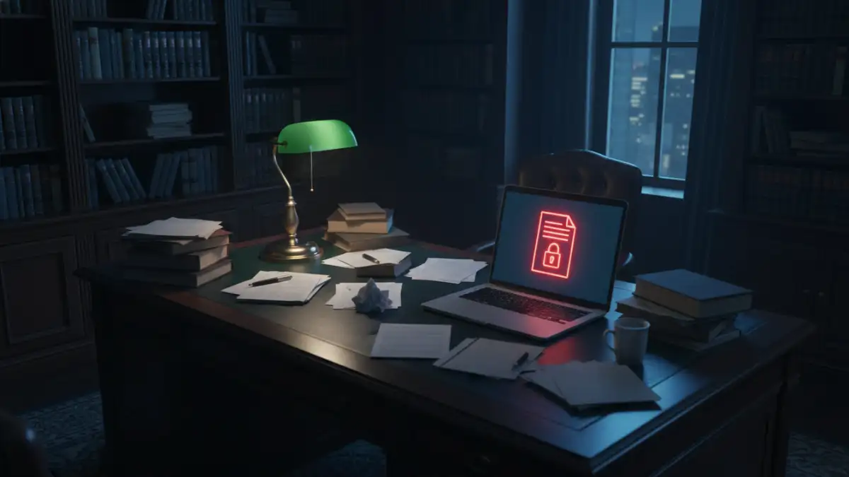 recovered password protected document recovered password protected document - A dramatic scene of a locked legal document on a laptop screen in a lawyer's office at night.