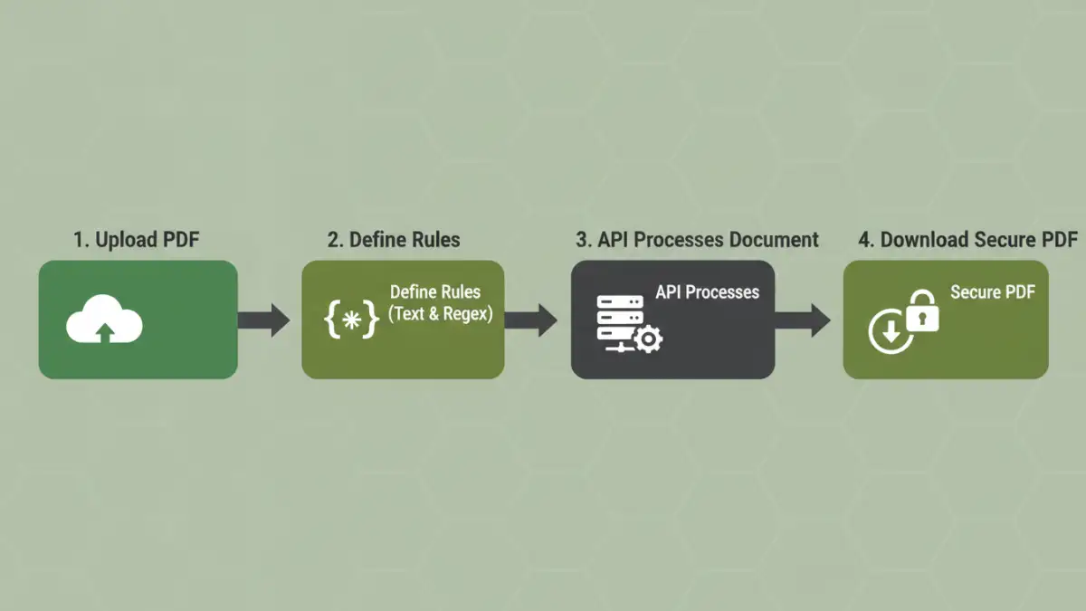 redacting sensitive pdf - Infographic showing the 4-step workflow of using a PDF redaction API.