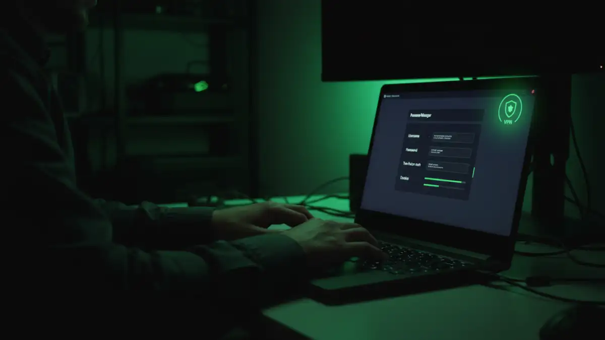 remote work document security - A remote worker using essential security tools like a VPN and password manager on their laptop.