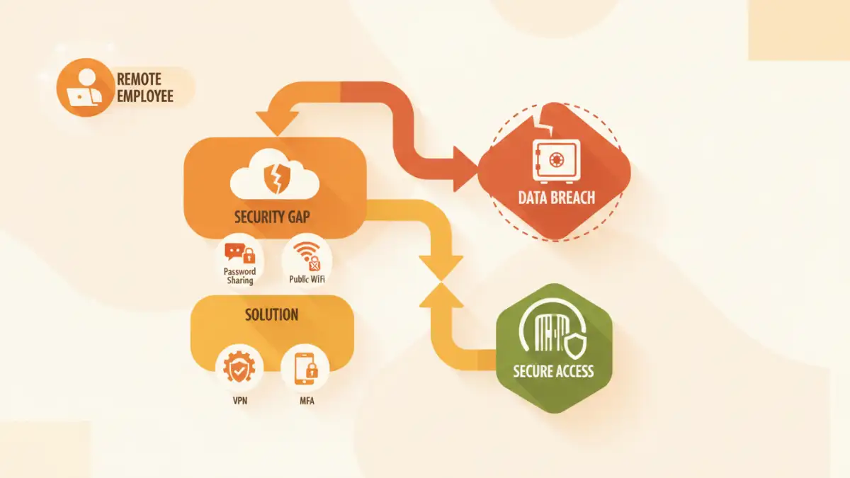 remote work document security - Infographic flowchart illustrating the risks and solutions for work from home file safety.