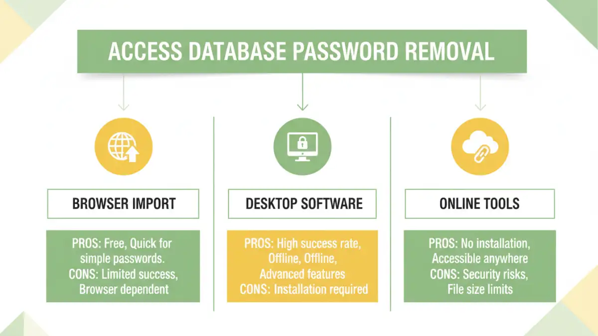 remove database password remove database password - Infographic comparing different methods for Access database password removal