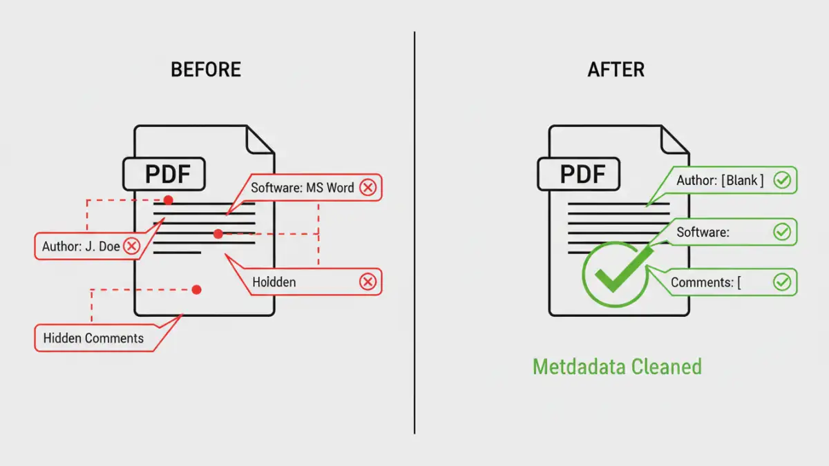 remove pdf security data remove pdf security data - Infographic comparing a PDF with and without hidden metadata.