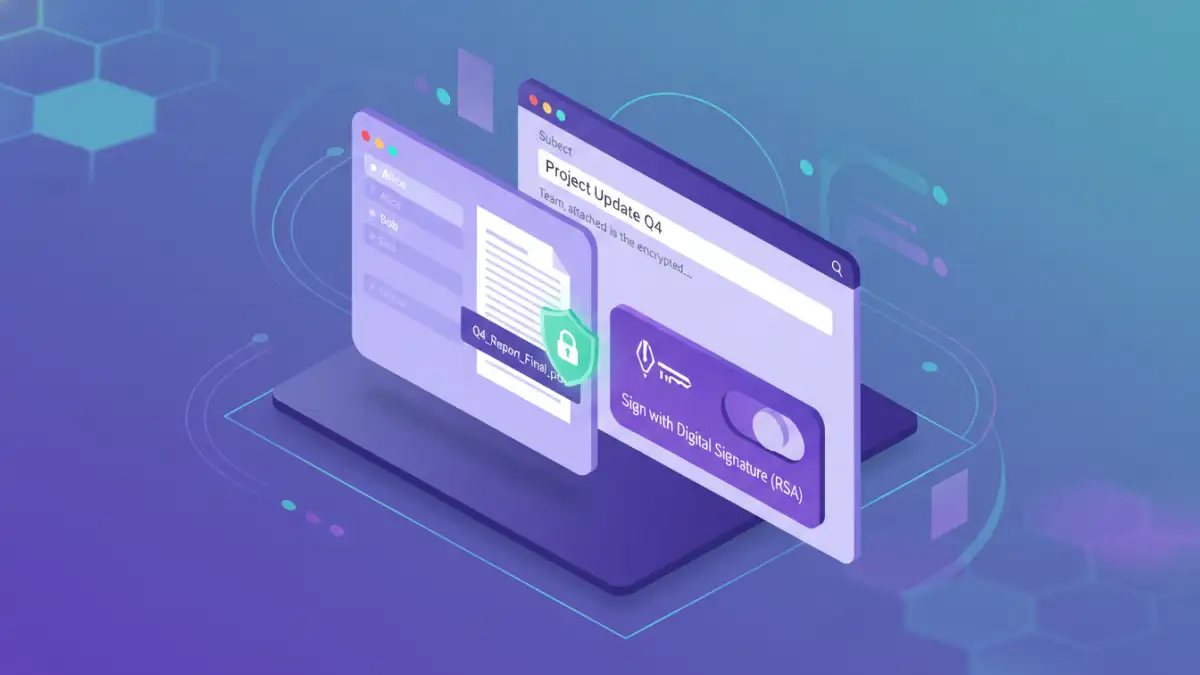 RSA encryption for documents - A mock-up of an email client showing a document being secured with an RSA digital signature.
