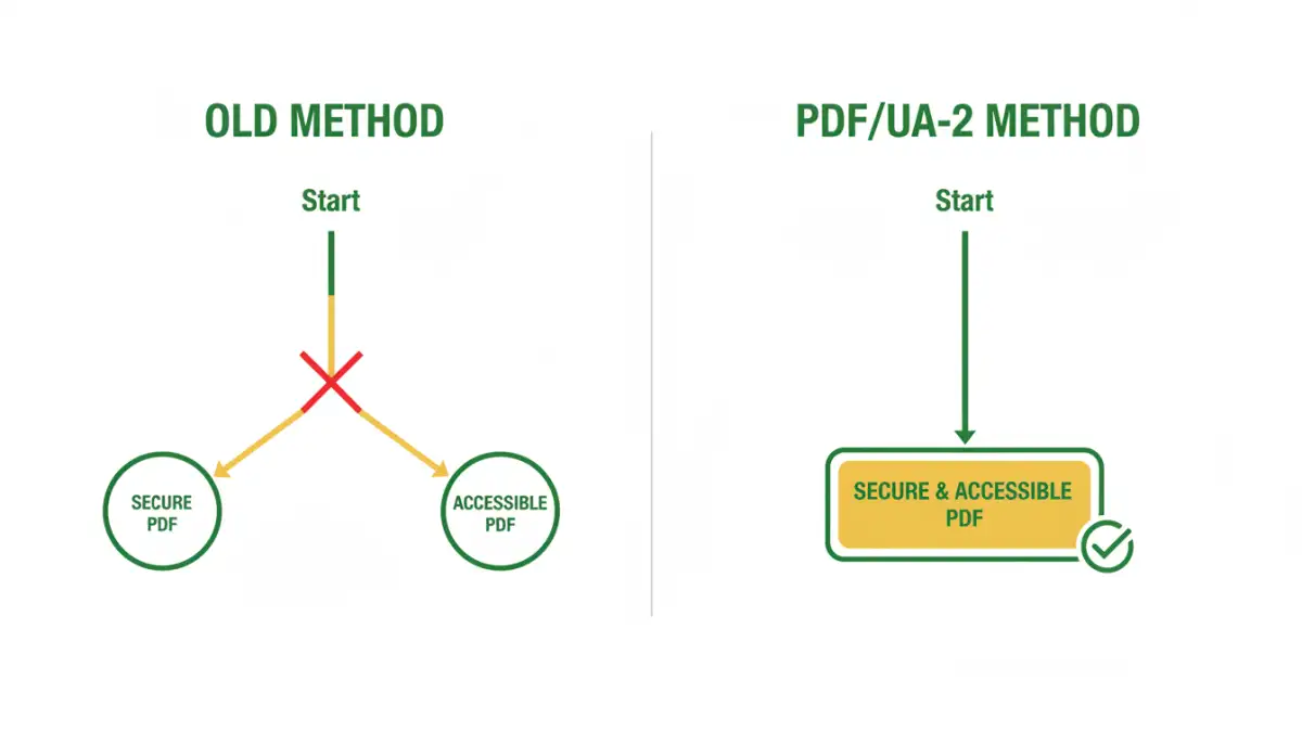 secure accessible pdf standards - Infographic comparing the old conflict between security and accessibility with the new unified approach of PDF/UA-2