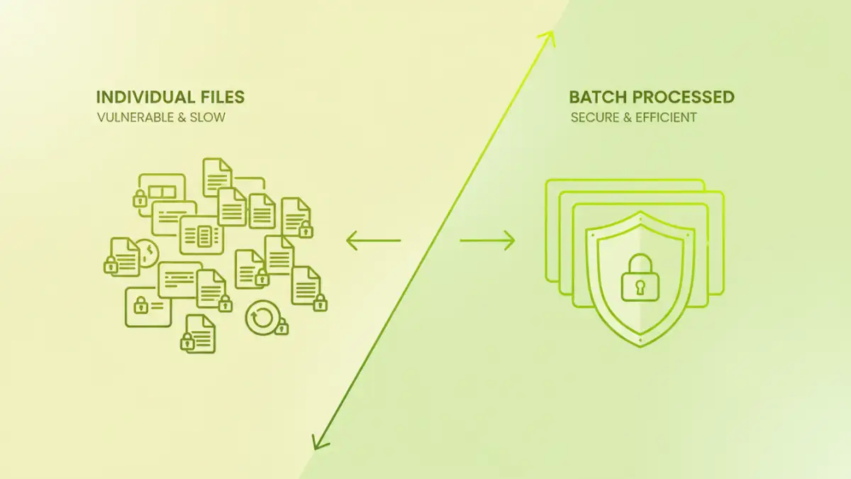 secure batch file sharing - Infographic comparing unsecure individual file sharing with secure batch processing