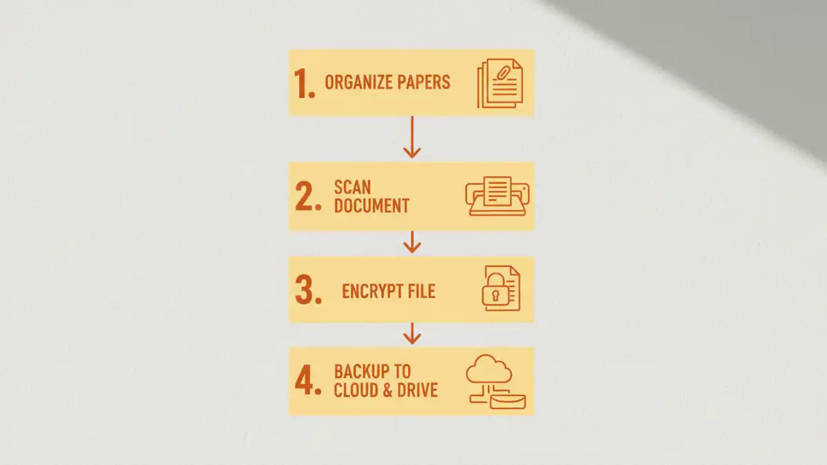 secure digital document archive - Infographic showing the four key steps to digitizing sensitive papers securely.