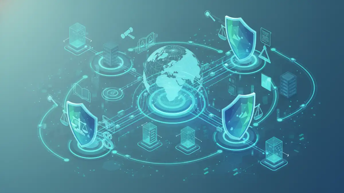 Abstract visual of global data flow with security overlays and legal icons, representing international laws for secure document archiving.
