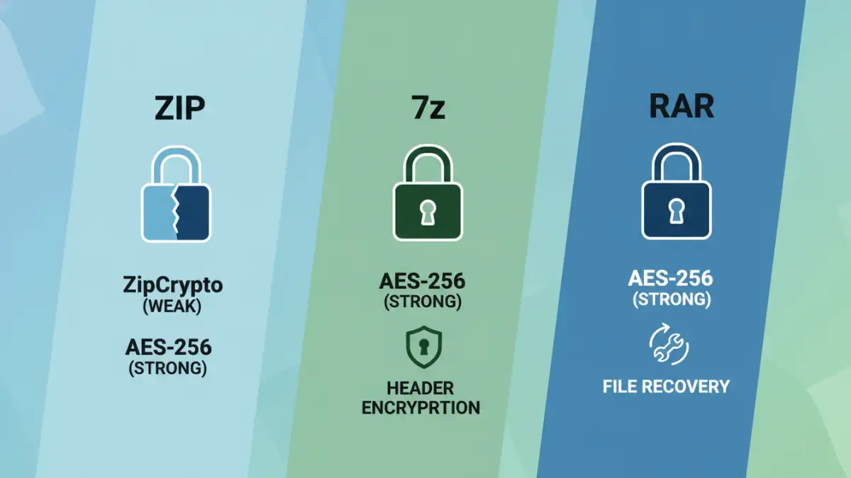 secure document archiving formats secure document archiving formats - Infographic detailing the encryption differences between ZIP, 7z, and RAR
