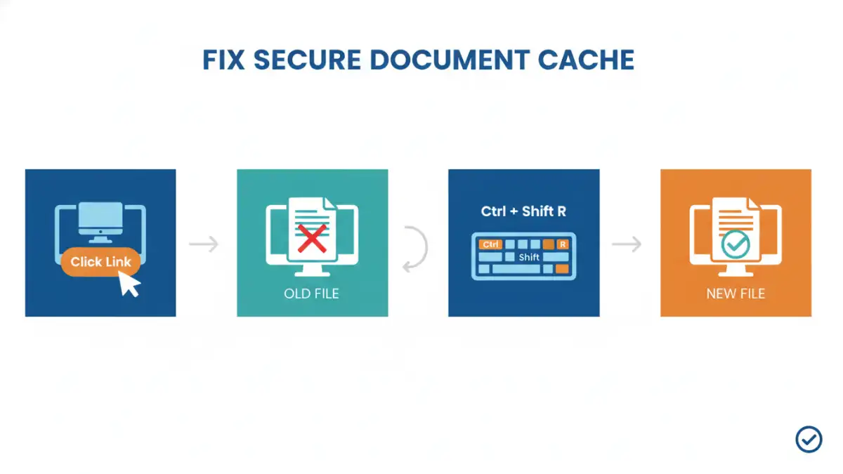 secure document cache - A flowchart showing the steps to force refresh a browser to get the latest version of a file.