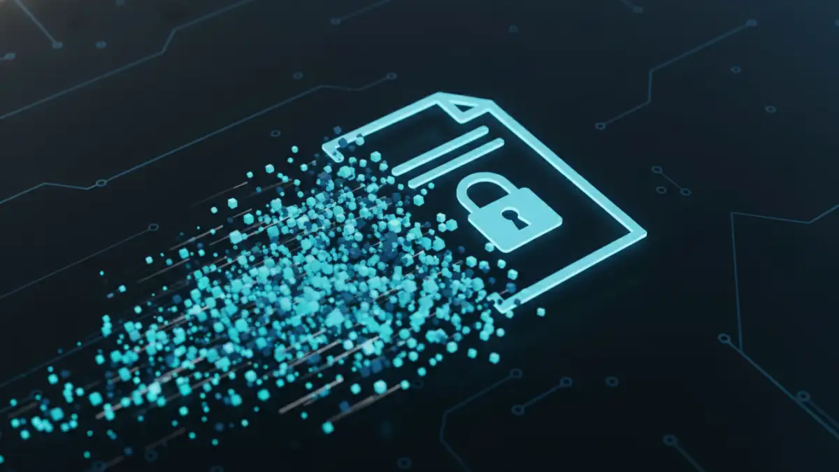 A digital document being securely shredded into pixels, illustrating the concept of secure document deletion.