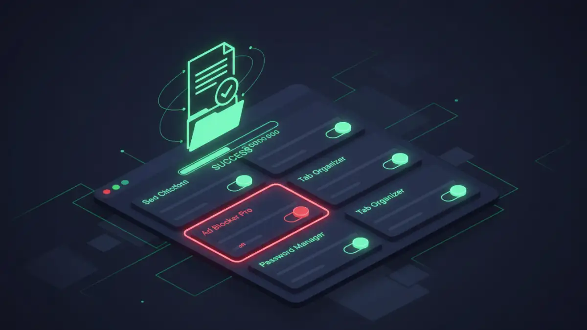 secure document download blocked - A 3D view of a browser's extension page where a problematic extension is being disabled.