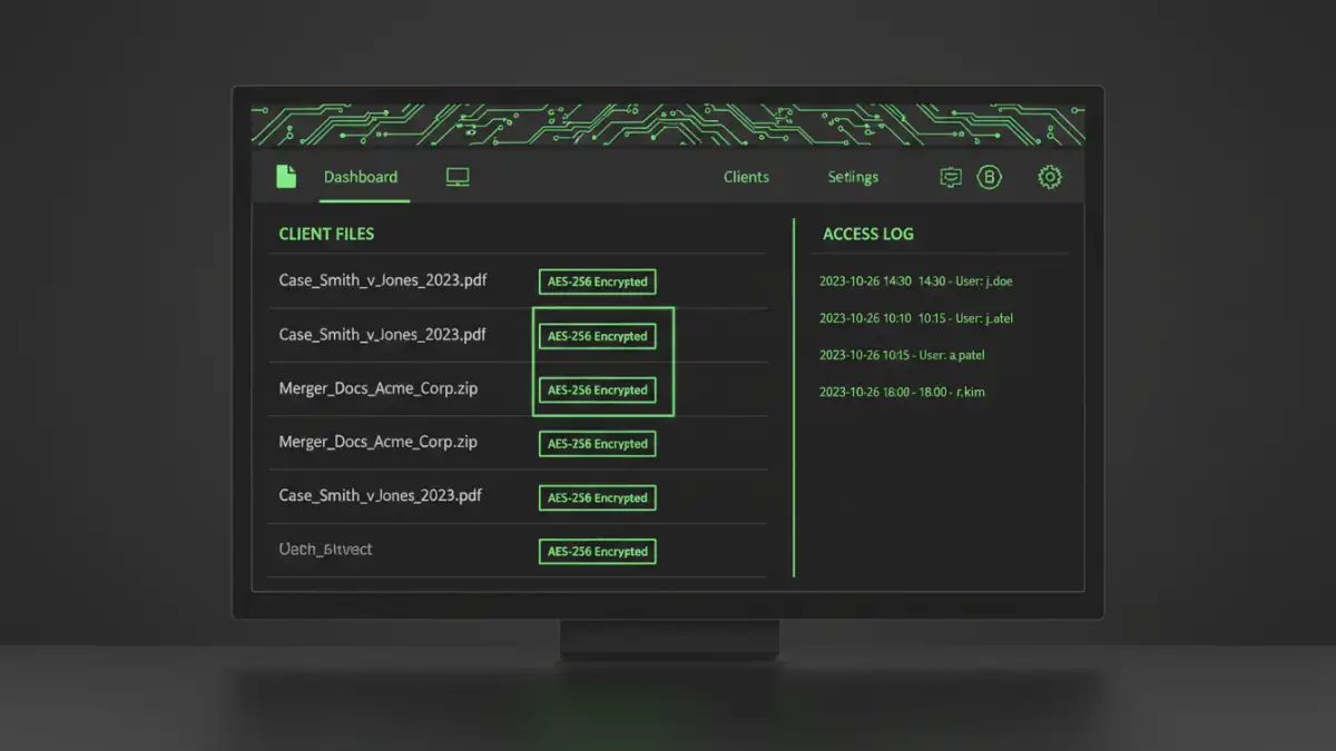secure document encryption secure document encryption - A modern document management system interface showing encrypted client files and access logs for enhanced law firm cybersecurity.