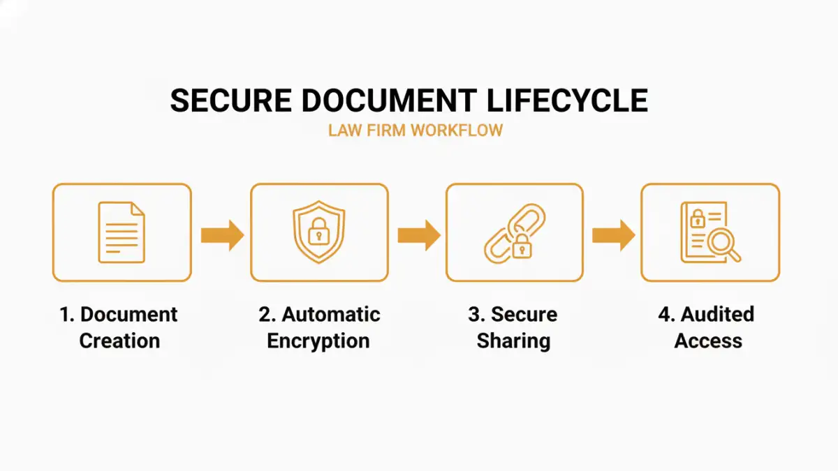 secure document encryption Infographic showing the four key stages of secure document encryption in a legal workflow.