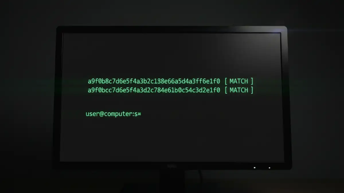 secure document integrity - A computer screen showing a successful file authenticity check by comparing SHA-256 hash values.